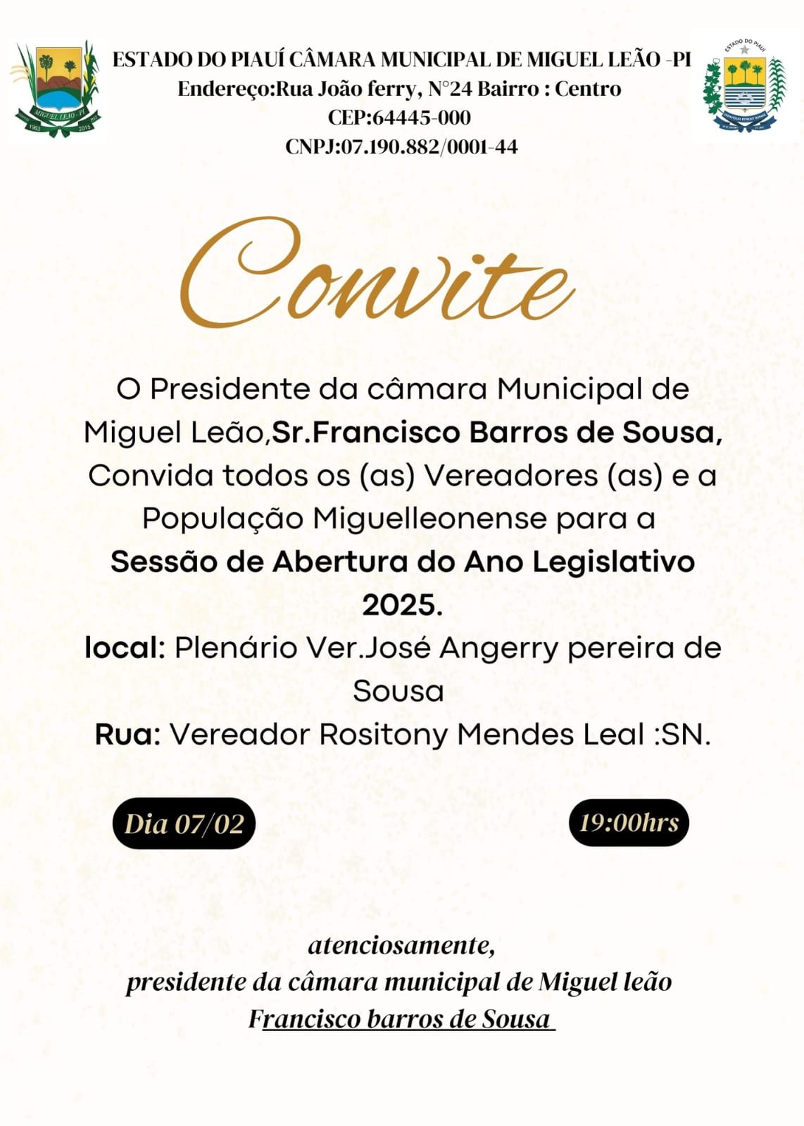 Presidente da Câmara Municipal de Miguel Leão Convida para Abertura Oficial do Ano Legislativo de 2025